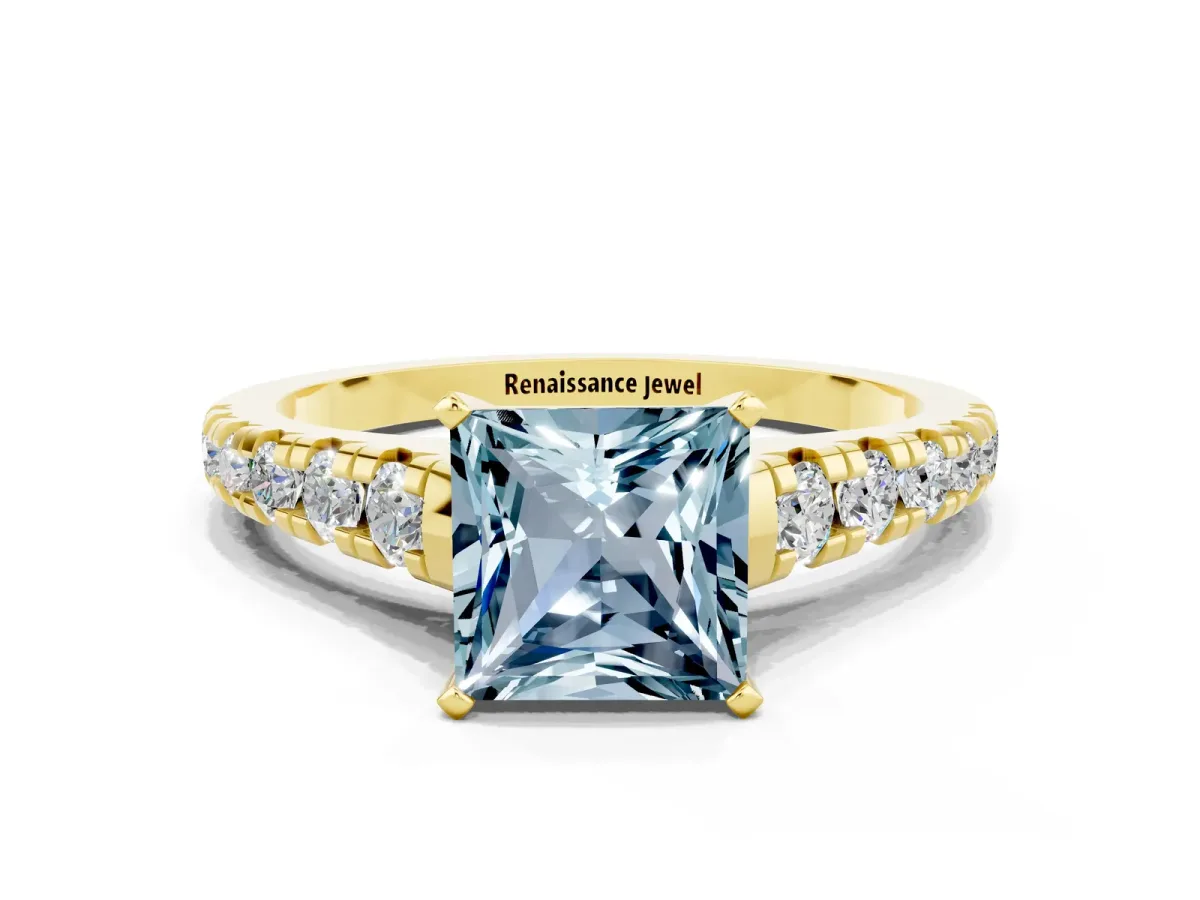 Princess Cut Aquamarine Cathedral Solitaire Ring with Round Pavé Band Yellow gold