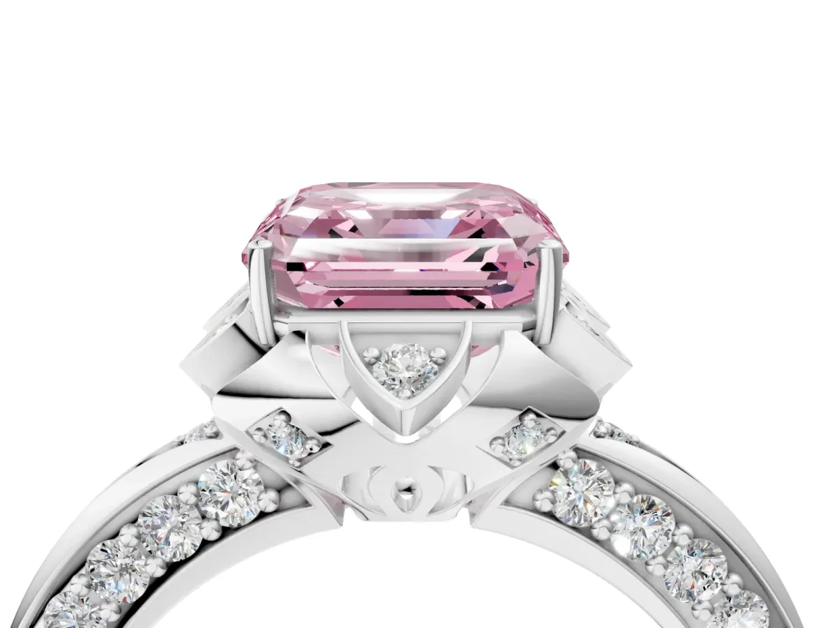 Fancy Pink Asscher Cut Halo Split Shank Pave Diamond Ring with Petal Prong Setting Platinum