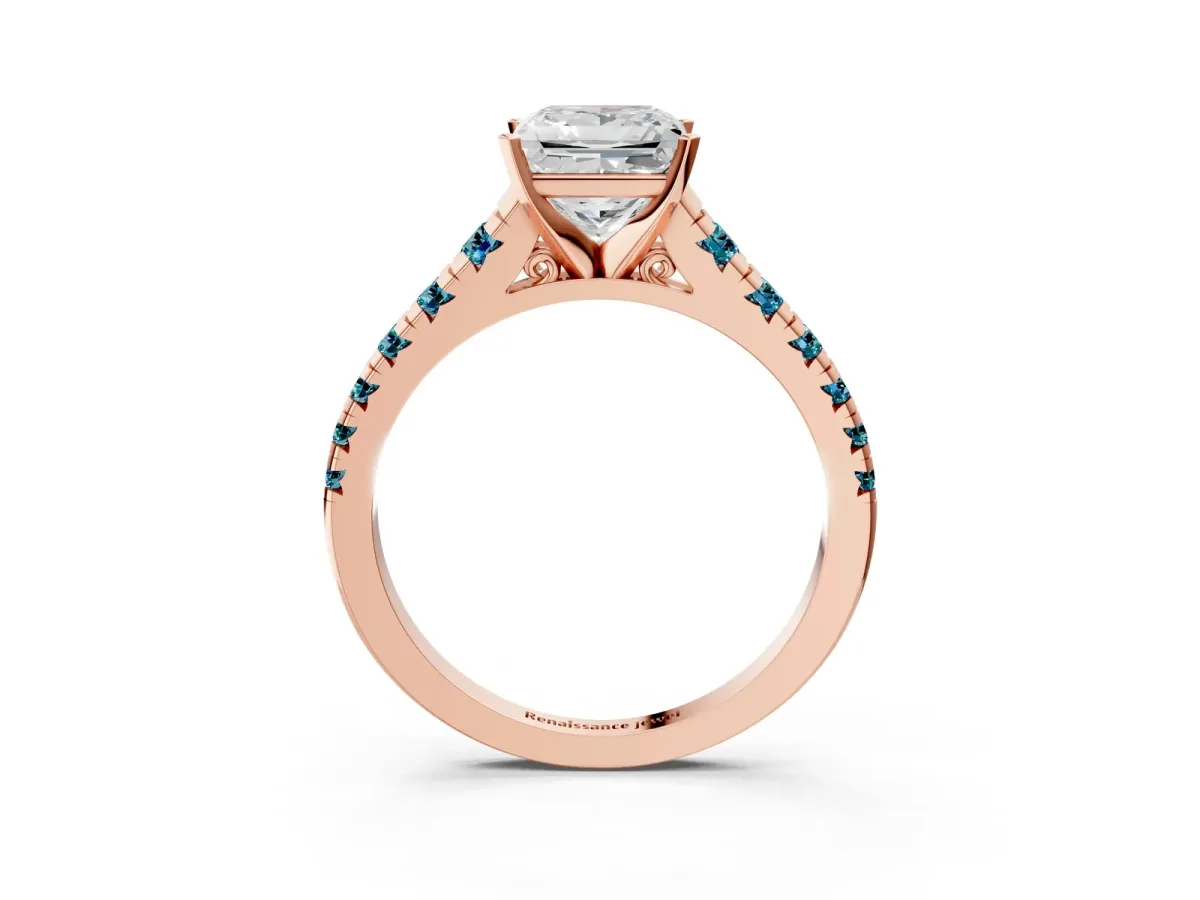 Princess Cut Diamond Cathedral Solitaire Ring with Round Blue Topaz Pavé Band Rose gold