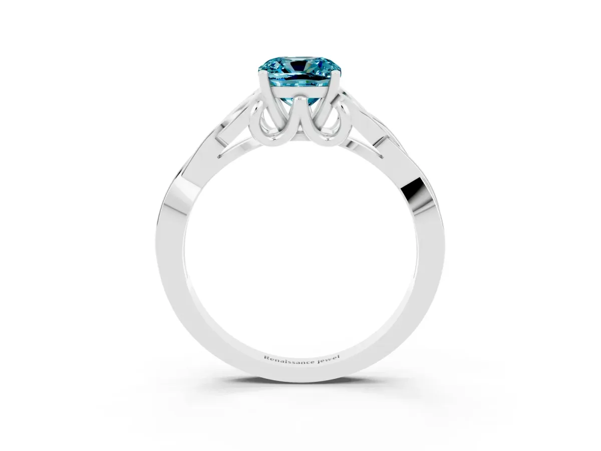 Cushion Cut Blue Topaz Solitaire Engagement Ring with Celtic Knot Band and Four-Prong Setting White gold