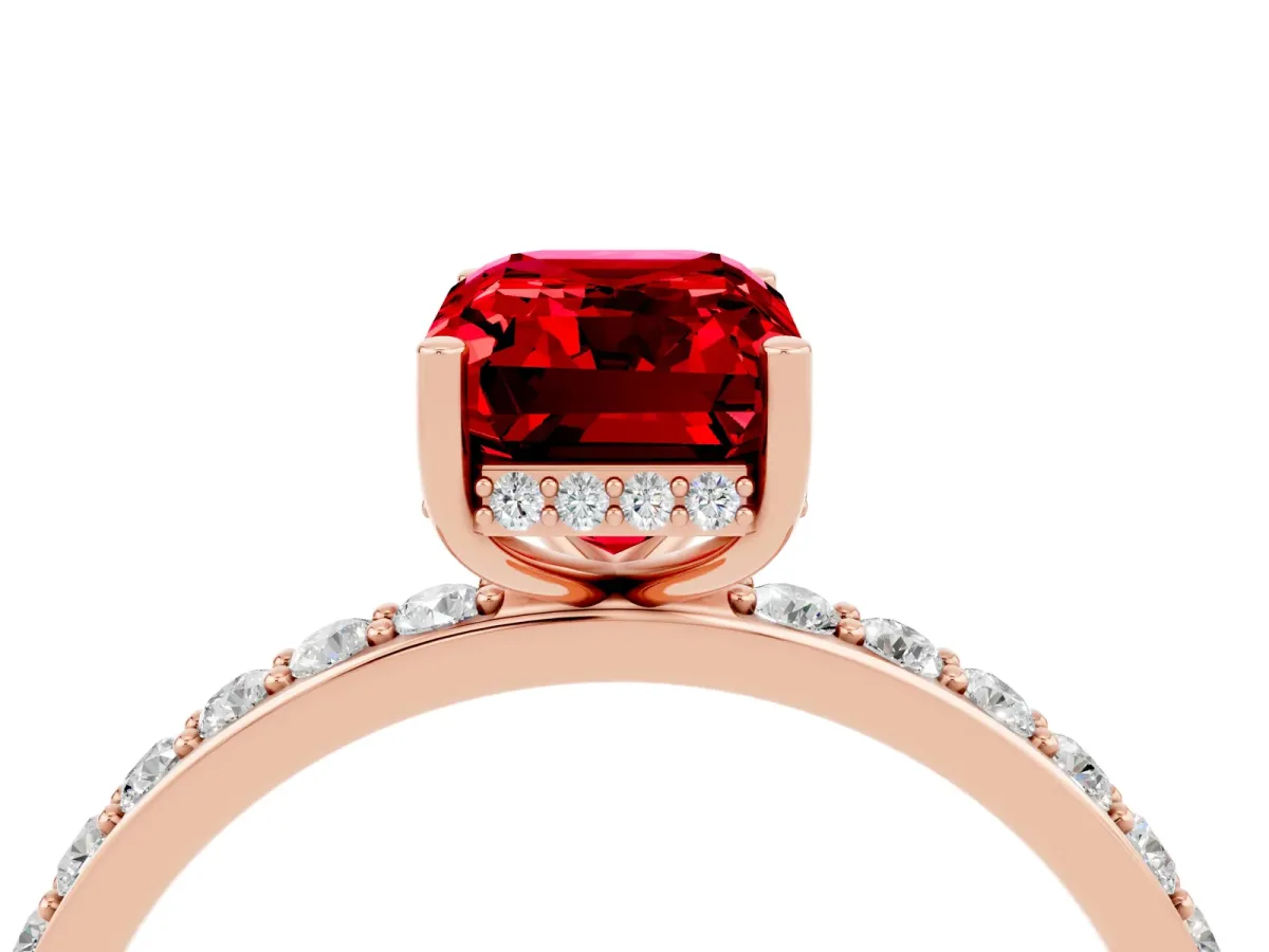 Emerald Cut Ruby Solitaire Ring with Pavé Band and Hidden Halo Rose gold