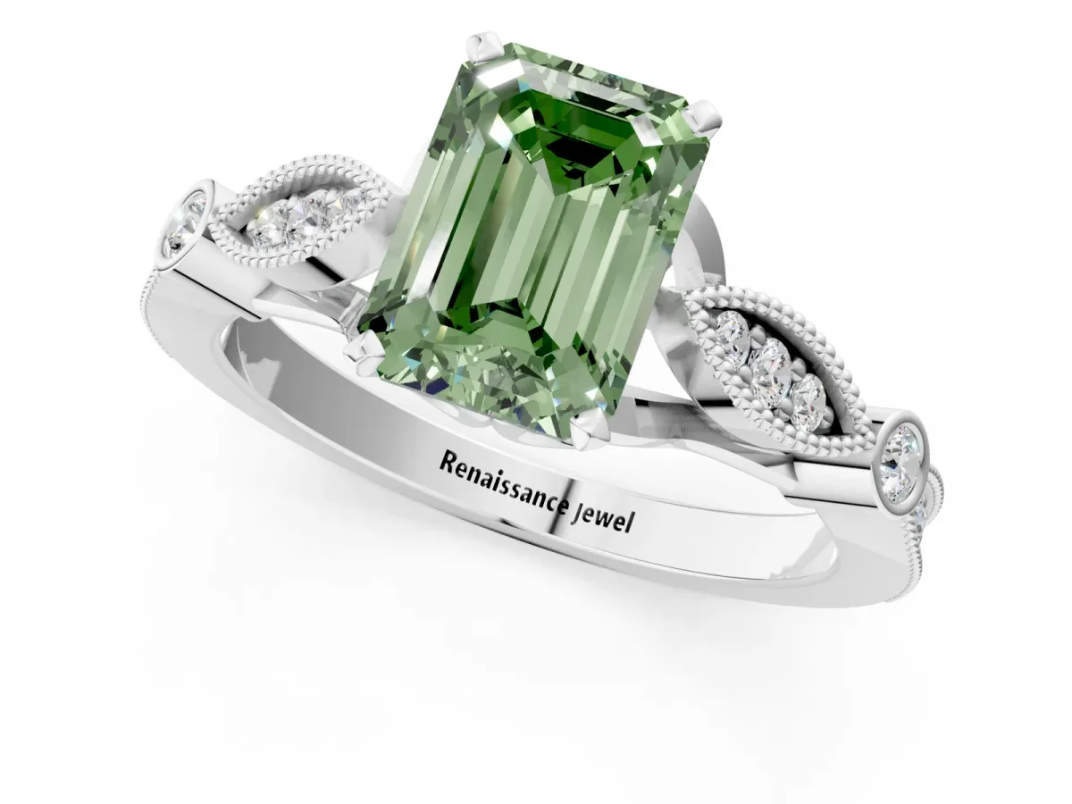 Fancy Green Emerald Cut Cut Diamond with Milgrain Marquise and Bezel Accents on a Solitaire Band with Prong Setting Silver