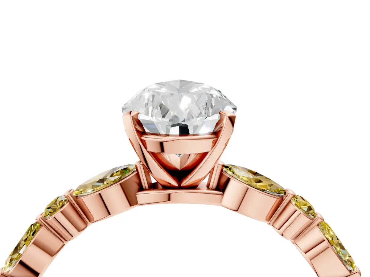 Pear Cut Diamond Ring with Marquise and Round Yellow Sapphire Side Stones and Four-Prong Setting Rose gold