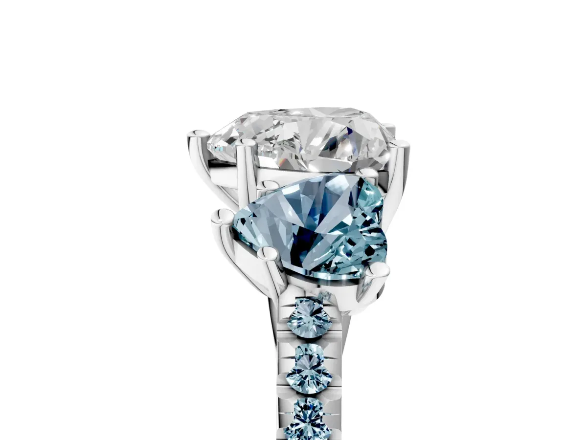 Three-Stone Heart Cut Diamond Ring with Round Aquamarine Pavé Band and Prong Setting White gold
