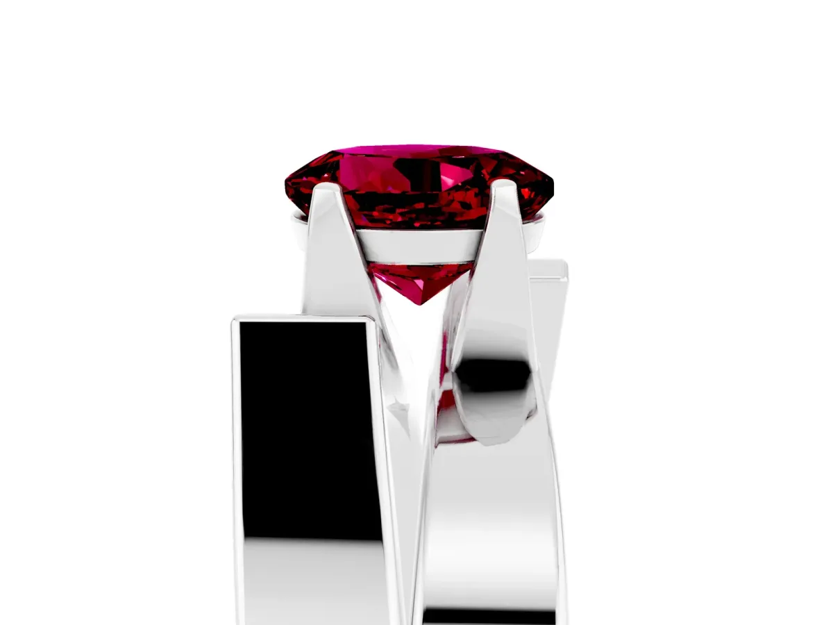Modern Tension Set Round Cut Garnet Solitaire Wide Band Ring Platinum