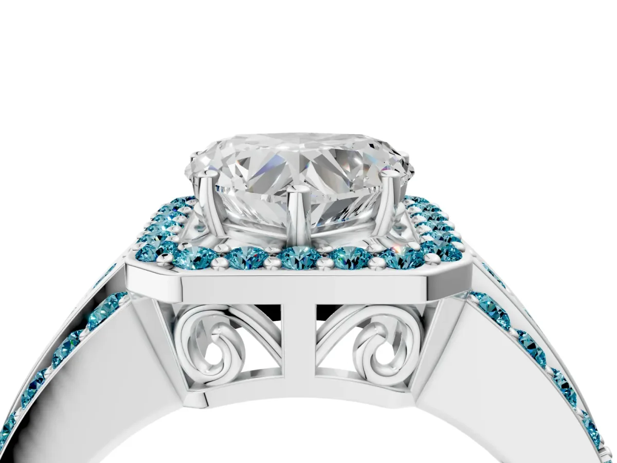 Heart Cut Halo Diamond Ring with Round Blue Topaz Split Shank and Prong Setting Silver
