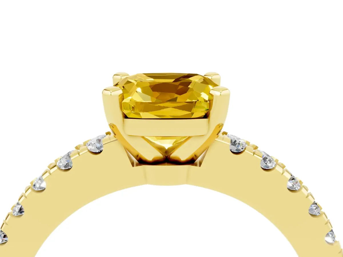 Cushion Cut Solitaire Yellow Sapphire with Pavé Band and Four-Prong Setting Yellow gold
