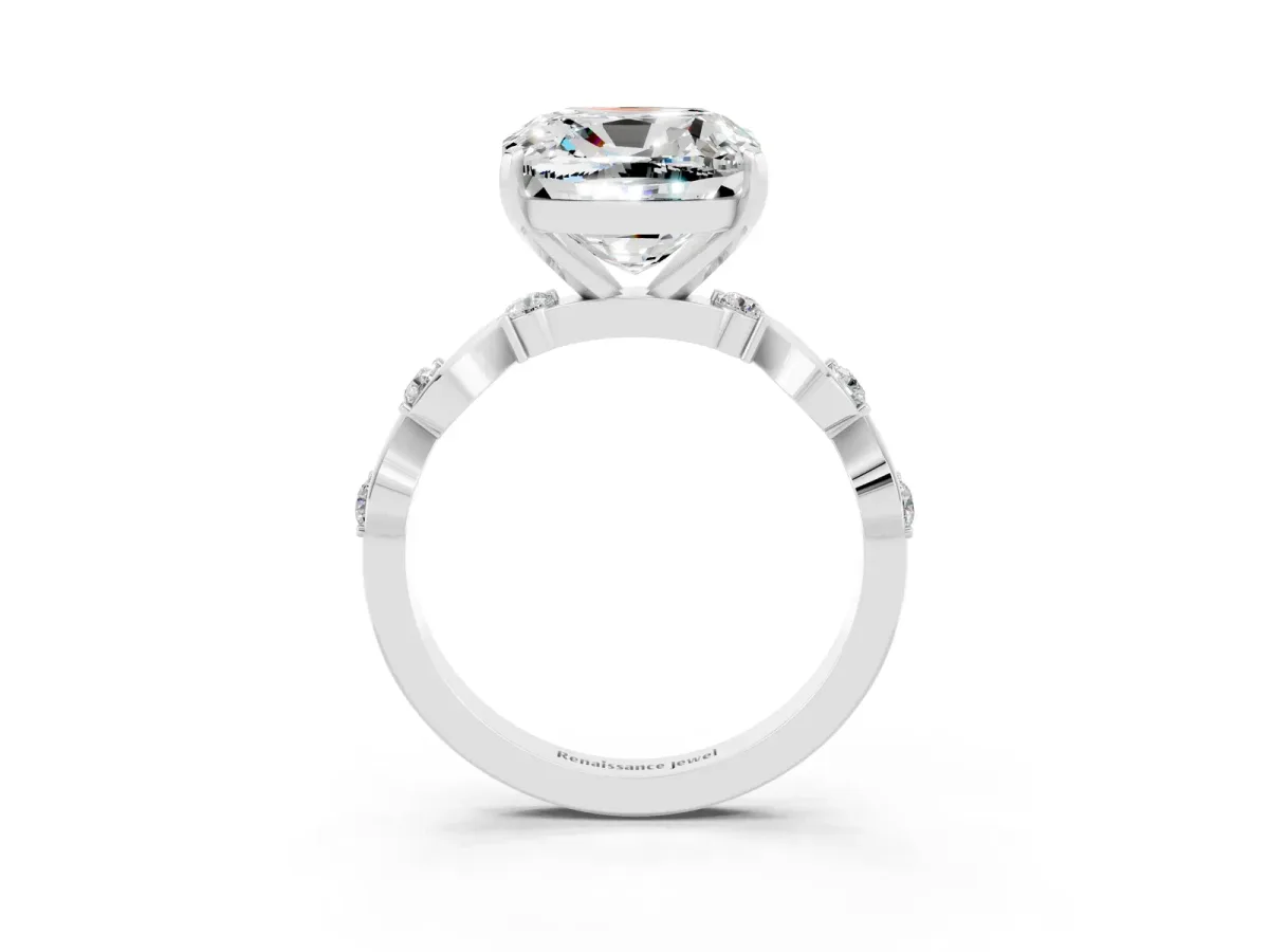 Cushion Cut Moissanite Solitaire Twisted Band with Round Accents and Prong Setting White gold