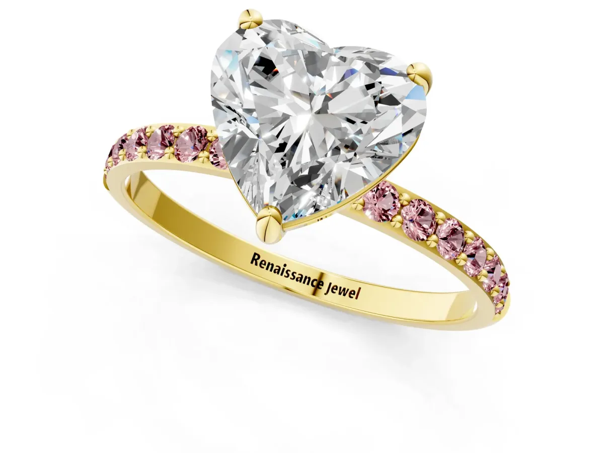 Heart Cut Diamond Solitaire Ring with Round Morganite Pavé Band and Prong Setting Yellow gold