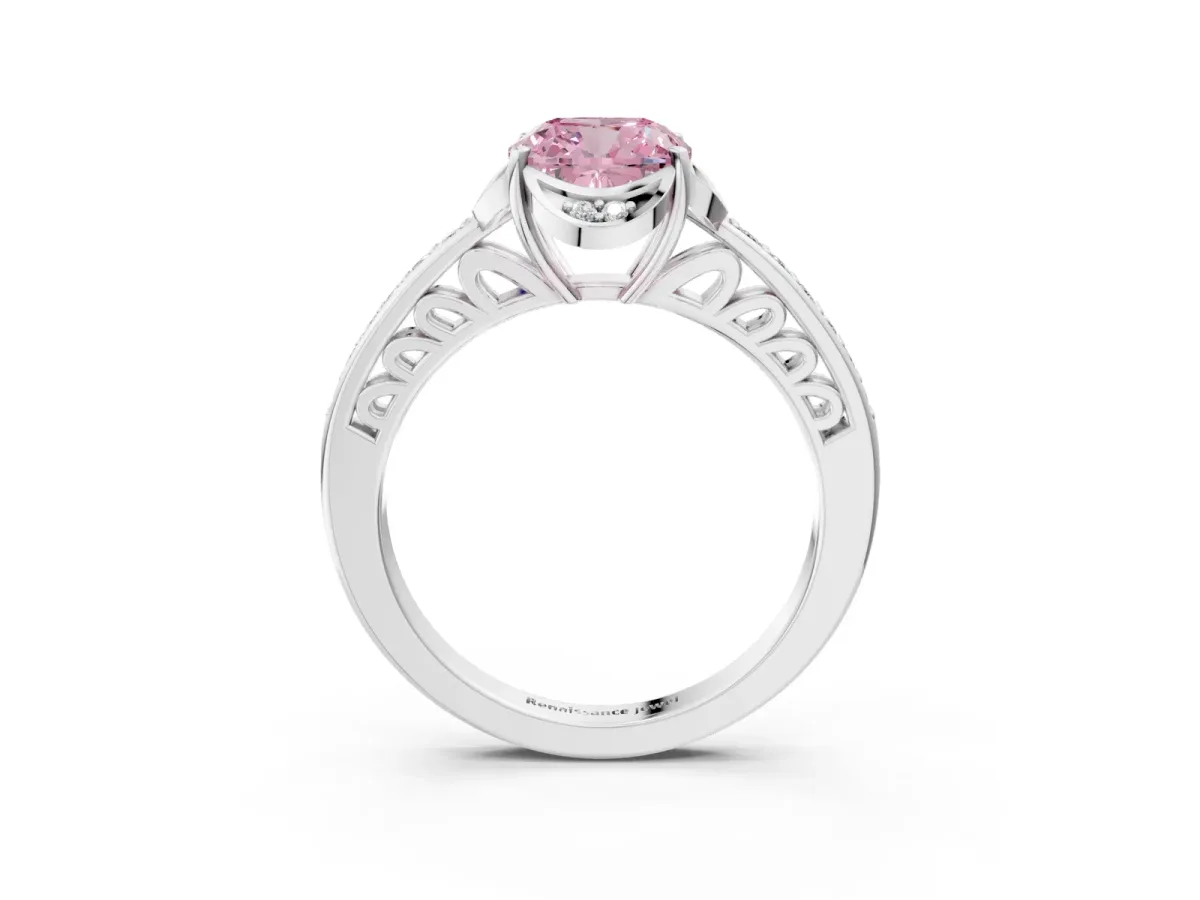 Fancy Pink Cushion Cut Cut Halo Diamond Ring with Channel Set Band and Four-Prong Setting White gold