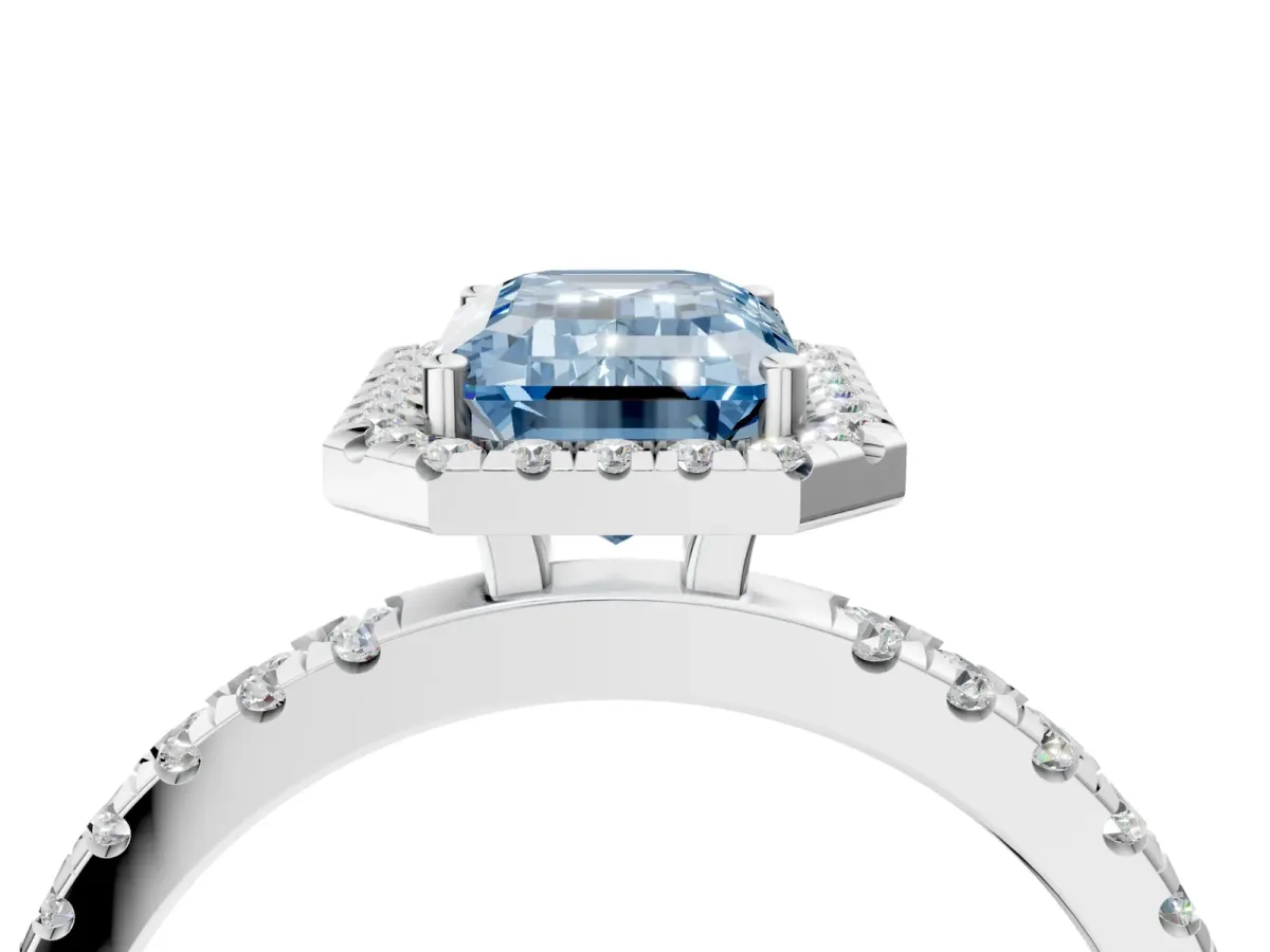 Fancy Blue Emerald Cut Diamond Classic Halo Engagement Ring with Round Pavé Band and Prong Setting White gold