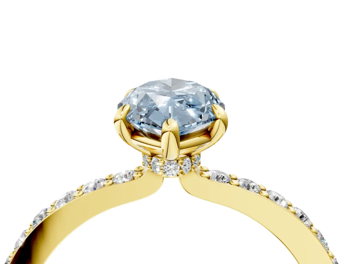 Fancy Blue Marquise Cut Diamond Solitaire Engagement Ring with Pavé Band and Four-Prong Setting Yellow gold