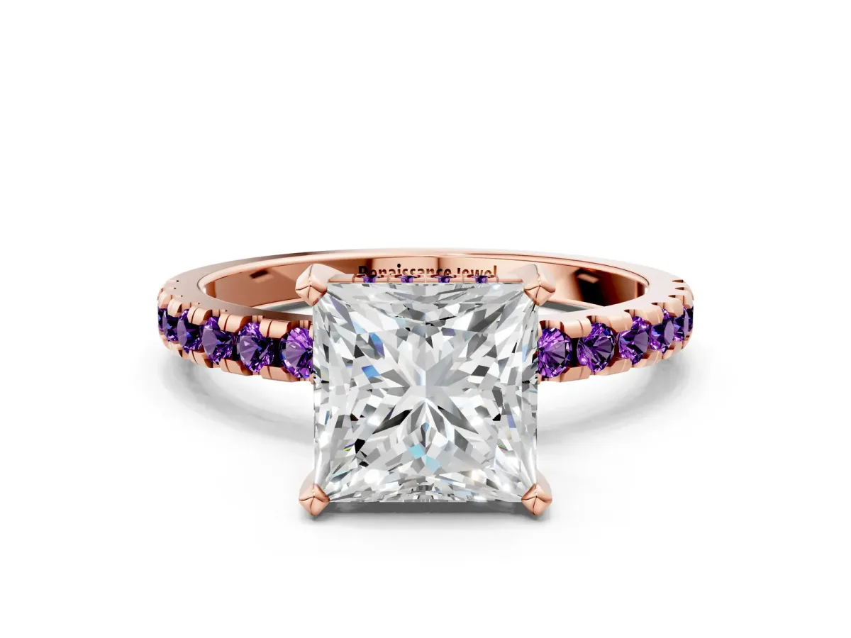 Princess Cut Diamond Solitaire Ring with Round Amethyst Pavé Band and Four-Prong Setting Rose gold