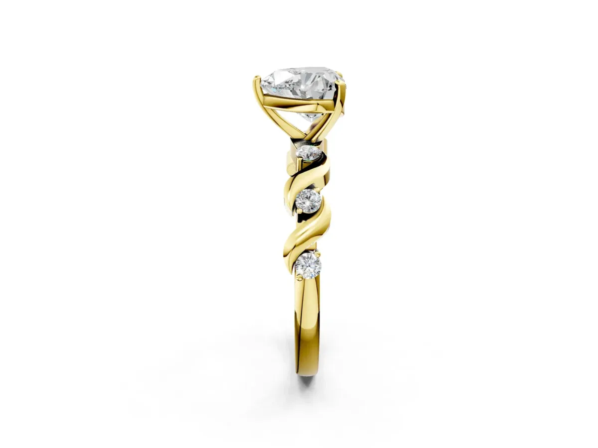 Heart Cut Diamond Solitaire Twisted Band with Round Accents and Prong Setting Yellow gold