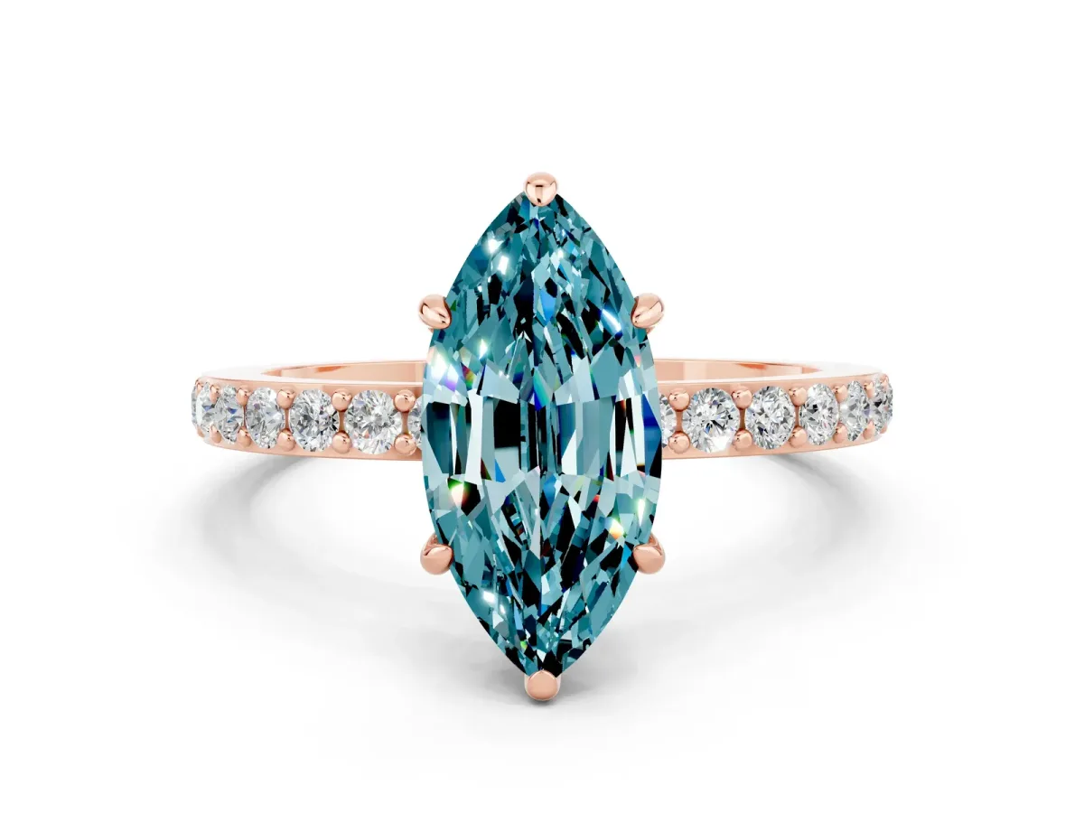 Marquise Cut Blue Topaz Solitaire Engagement Ring with Pavé Band and Four-Prong Setting Rose gold