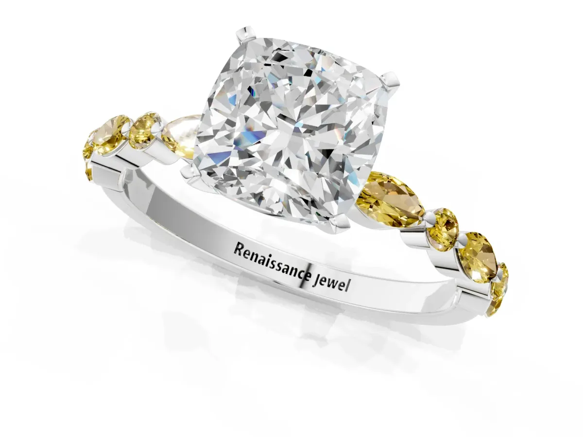 Cushion Cut Diamond Ring with Marquise and Round Yellow Sapphire Side Stones and Four-Prong Setting Platinum