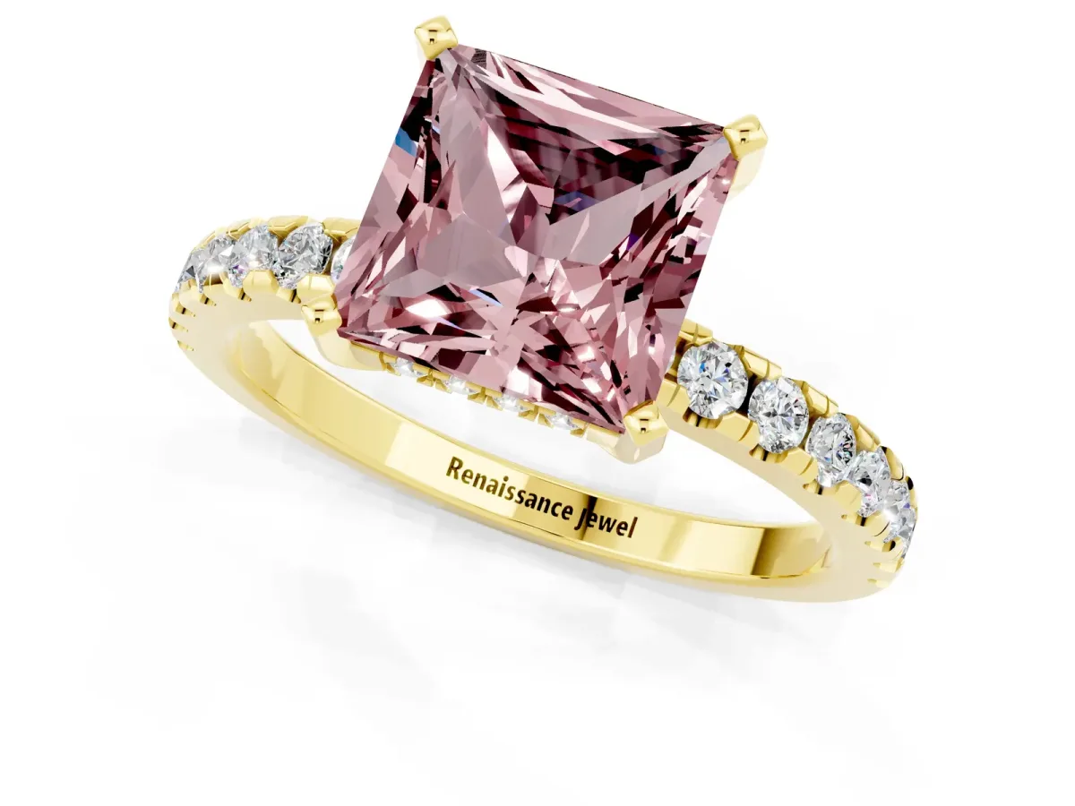 Princess Cut Morganite Solitaire Ring with Round Pavé Band and Four-Prong Setting Yellow gold