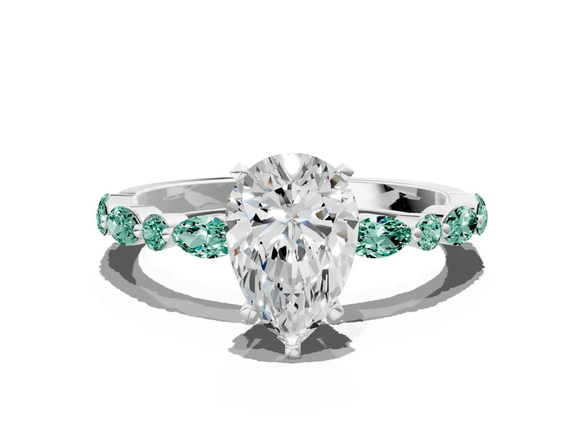 Pear Cut Diamond Ring with Marquise and Round Green Sapphire Side Stones and Four-Prong Setting White gold