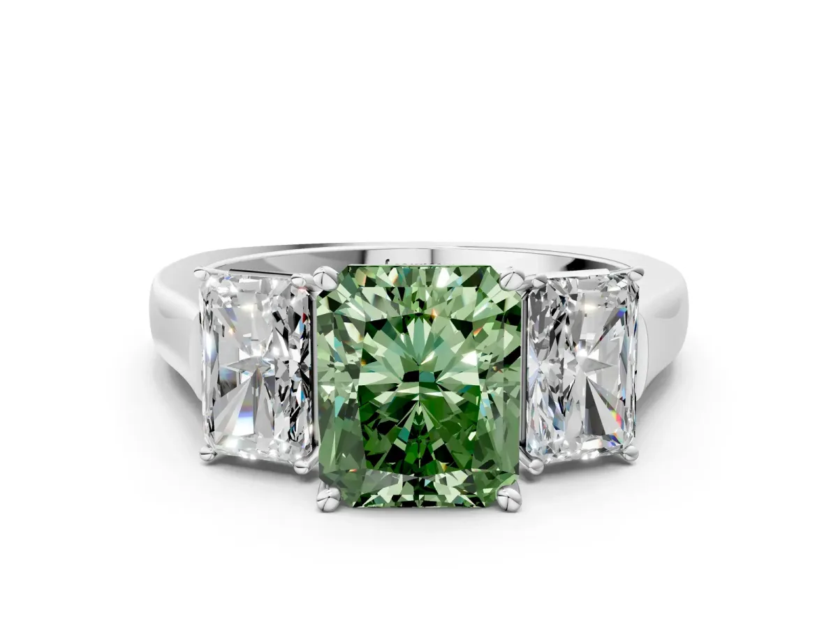 Fancy Green Three-Stone Radiant Cut Brilliant Diamond Trellis Ring with Comfort Fit Band Platinum