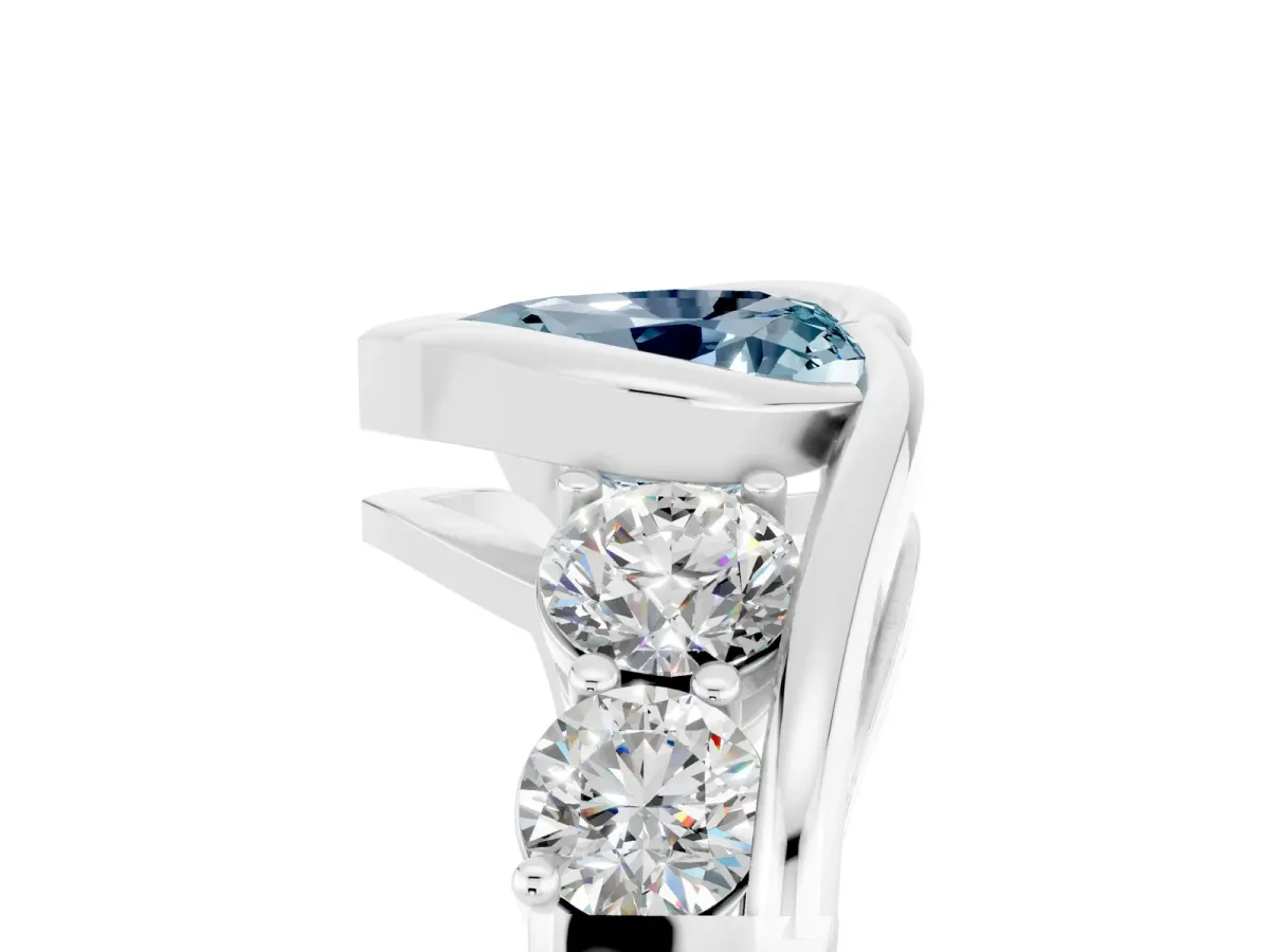 Bezel Set Heart Cut Aquamarine Bypass Ring with Round Accents Silver