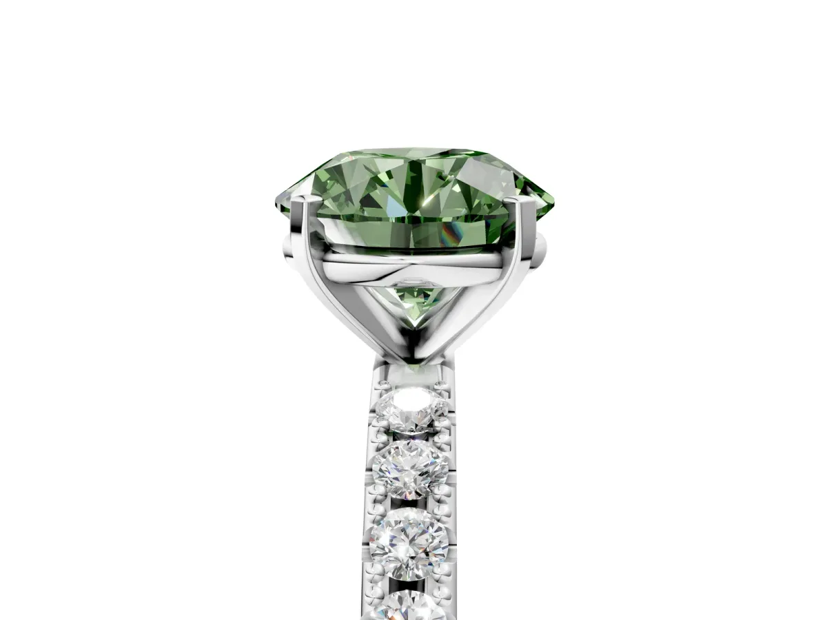 Fancy Green Round Cut Diamond Solitaire Pavé Band with Four-Prong Setting Platinum
