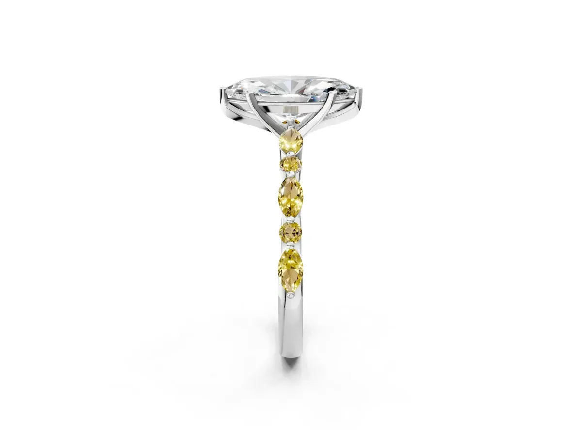 Marquise Cut Diamond Ring with Marquise and Round Yellow Sapphire Side Stones and Four-Prong Setting Platinum