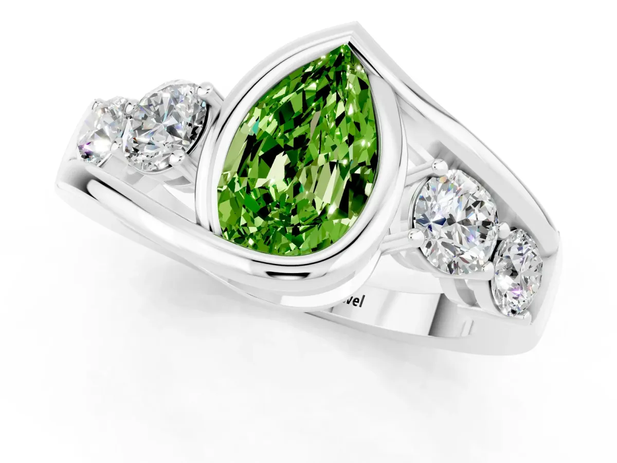 Bezel Set Pear Cut Peridot Bypass Ring with Round Accents Platinum