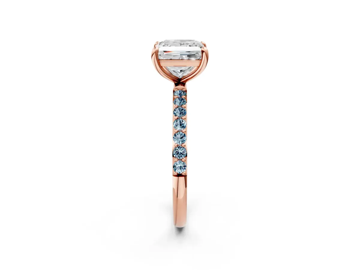Princess Cut Diamond Solitaire Ring with Round Aquamarine Pavé Band and Prong Setting Rose gold