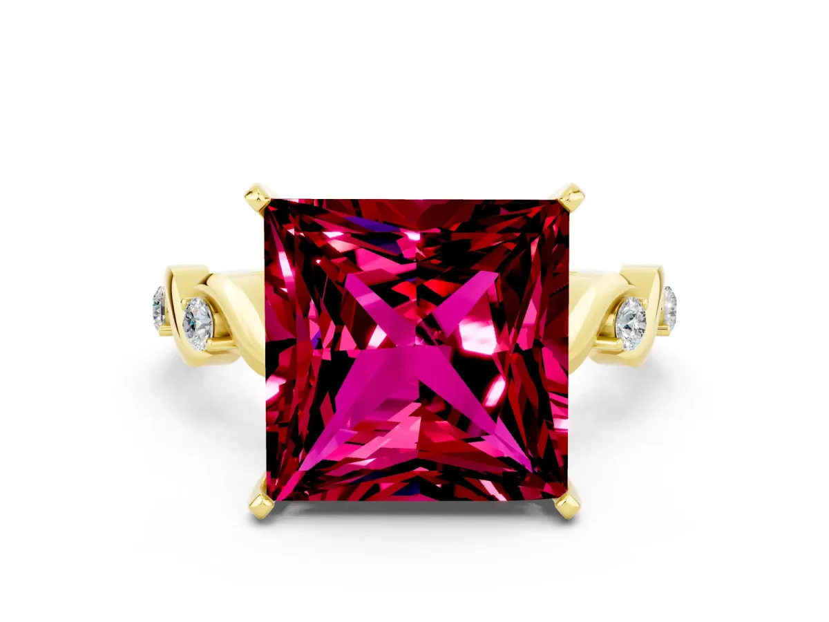 Princess Cut Garnet Solitaire Twisted Band with Round Accents and Prong Setting Yellow gold