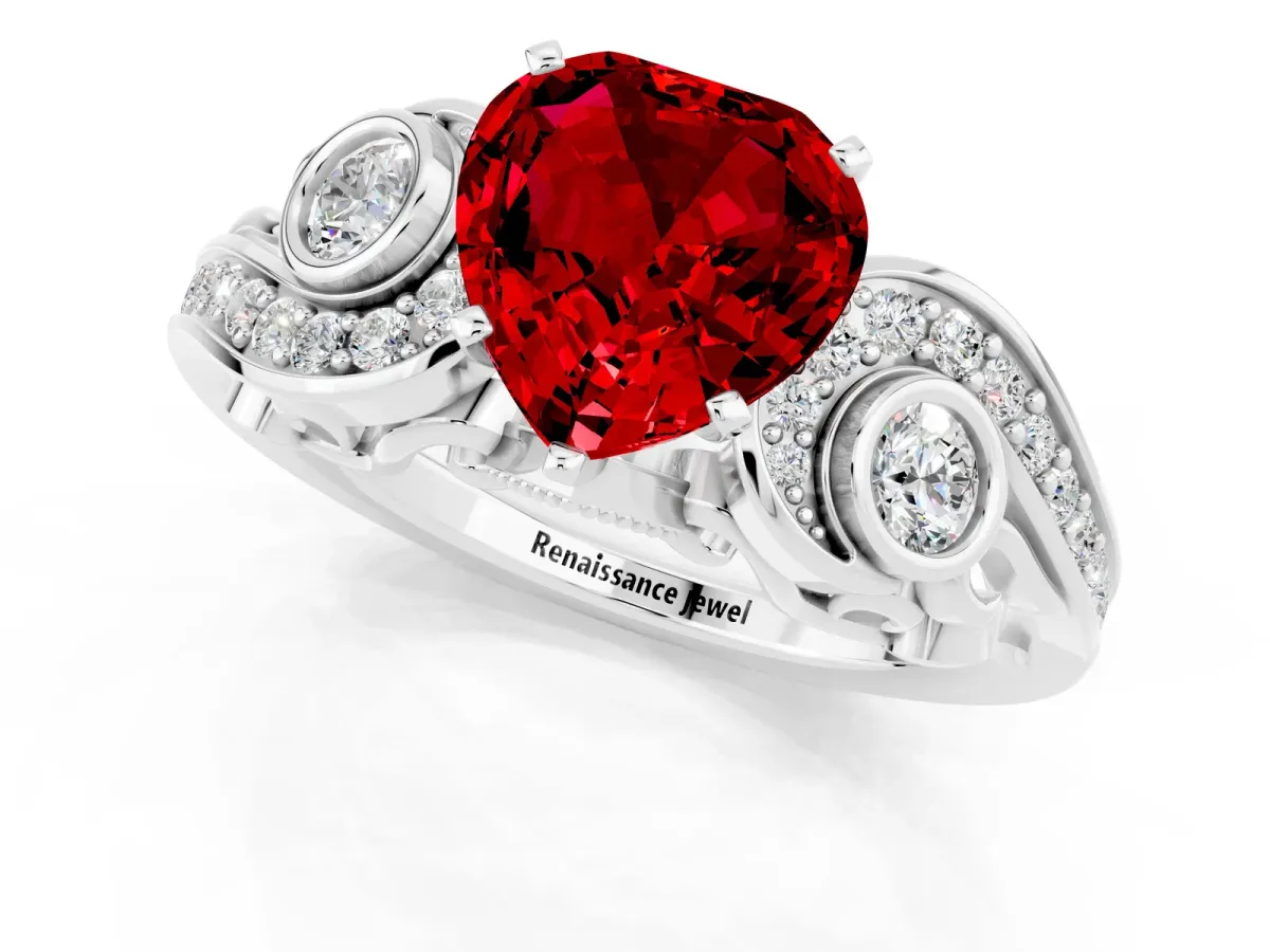 Heart Cut Ruby Solitaire Ring with Milgrain Pavé Band and Four-Prong Setting Platinum