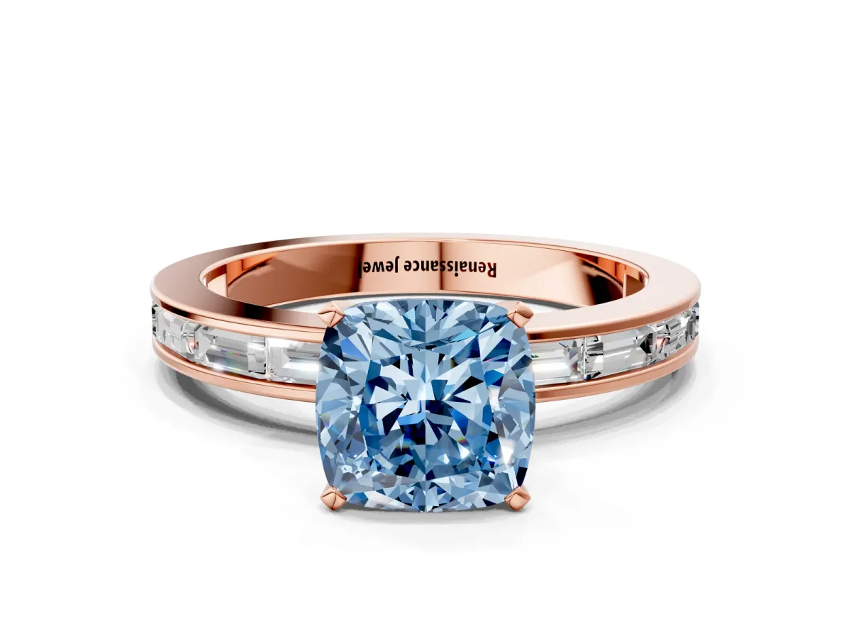 Fancy Blue Cushion Cut Solitaire Diamond Ring with Channel-Set Baguette Band and Four-Prong Setting Rose gold