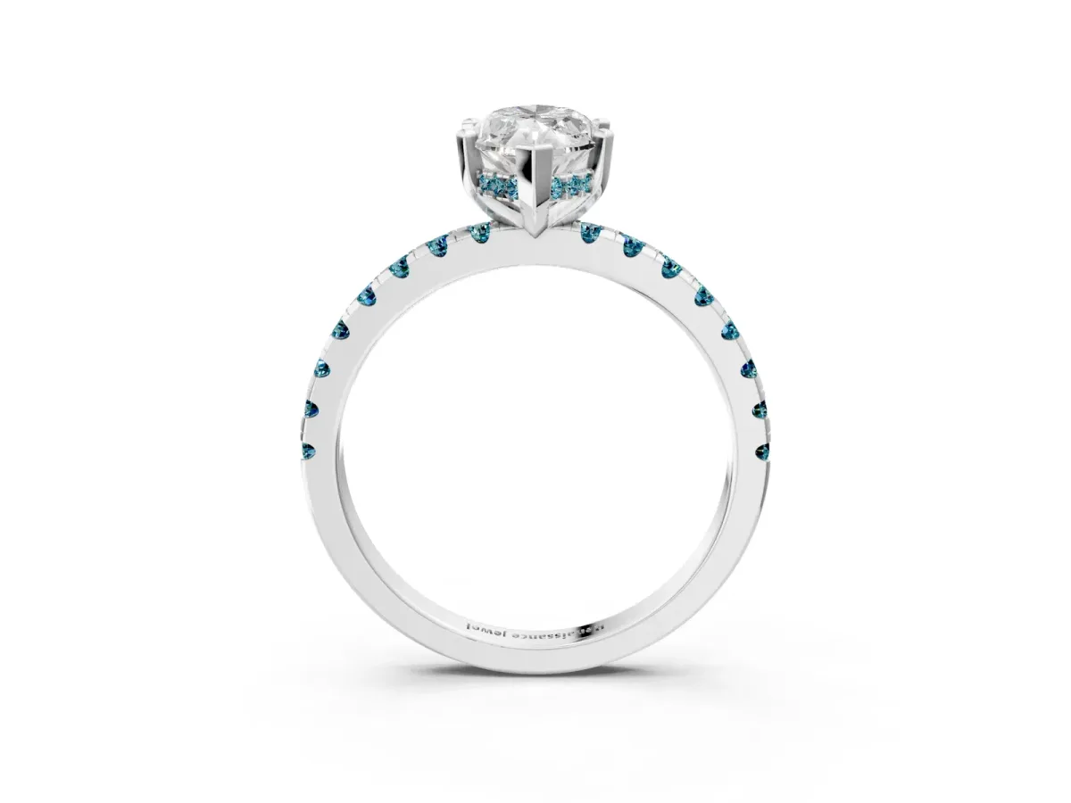 Marquise Cut Diamond Solitaire Ring with Round Blue Topaz Pavé Band and Four-Prong Setting White gold