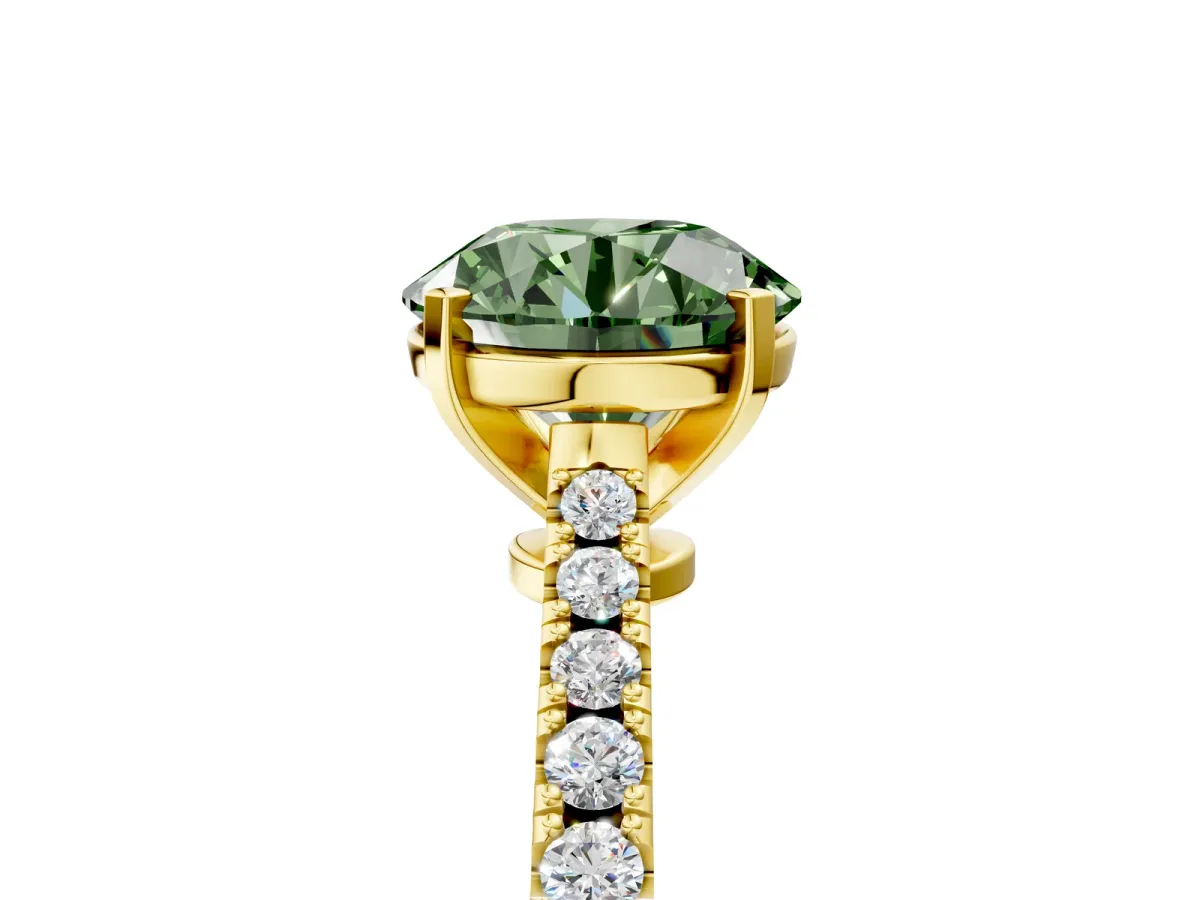 Fancy Green Round Cut Cut Solitaire Diamond Engagement Ring with Pave Band and Four-Prong Setting Yellow gold