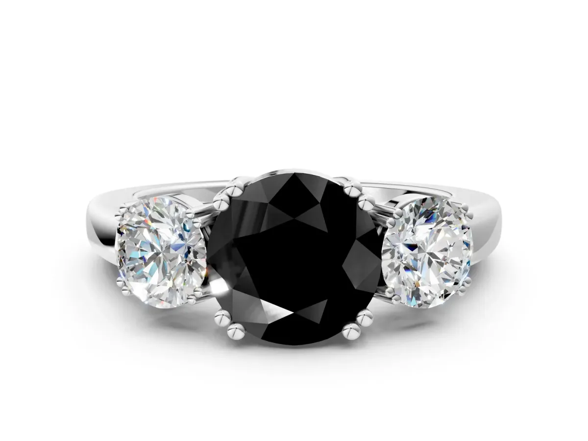 Fancy Black Three-Stone Round Cut Cut Diamond Ring with Channel Set Band and Four-Prong Setting Silver