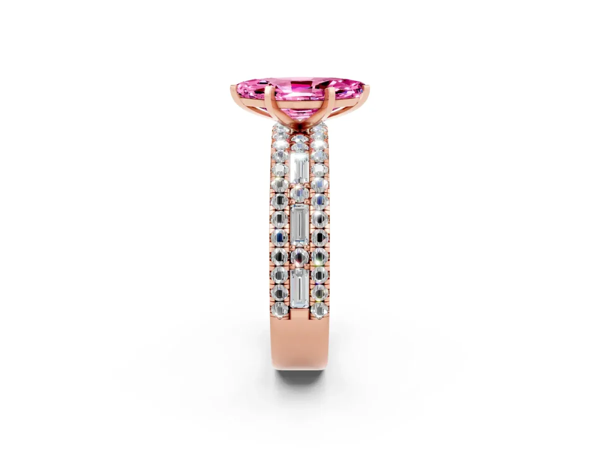 Marquise Cut Pink Sapphire Solitaire Ring with Pavé and Channel Set Band Rose gold