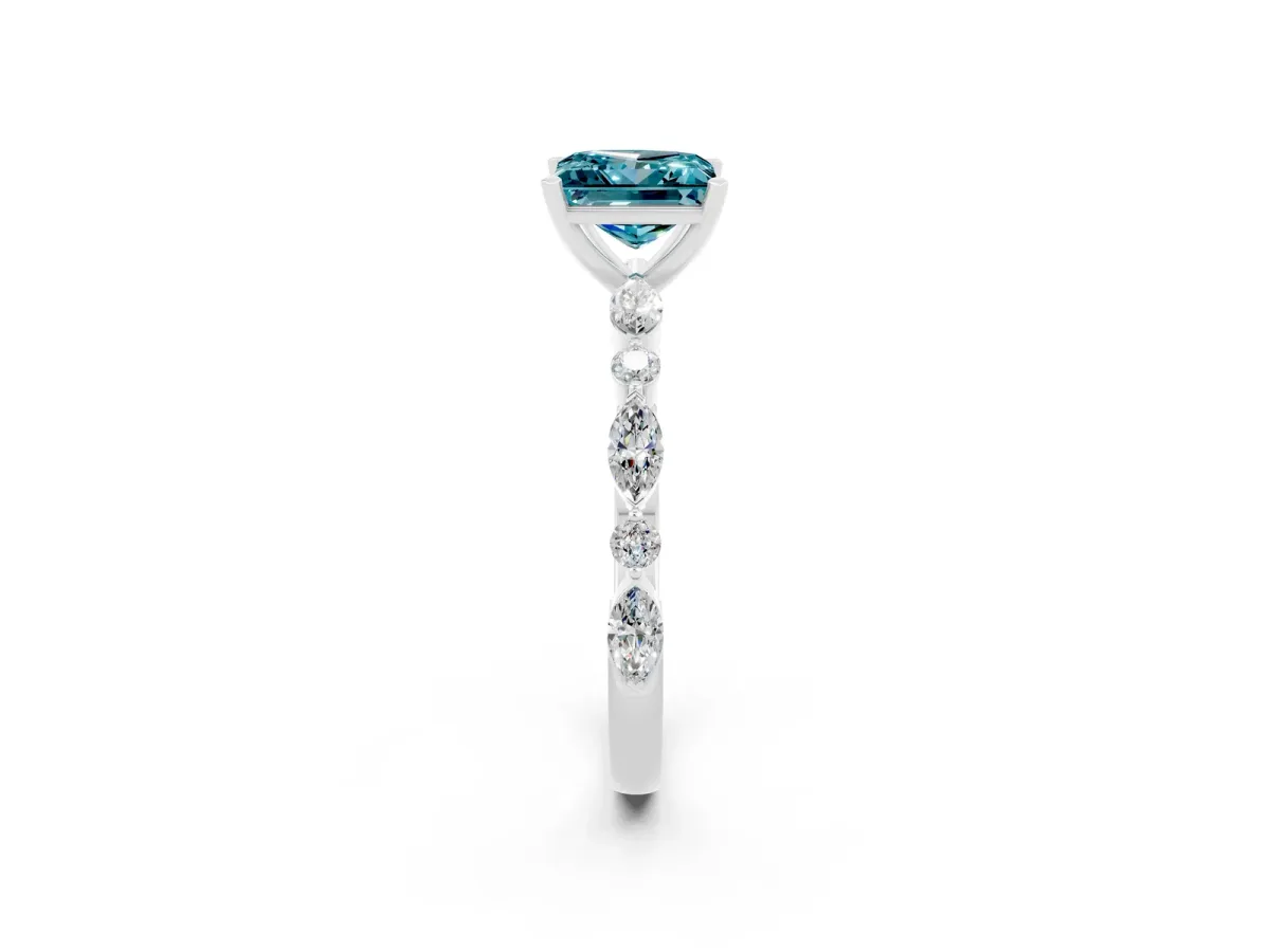 Princess Cut Blue Topaz Ring with Marquise and Round Side Stones and Four-Prong Setting White gold