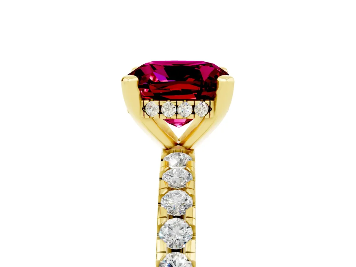 Cushion Cut Garnet Solitaire Ring with Round Pavé Band and Four-Prong Setting Yellow gold