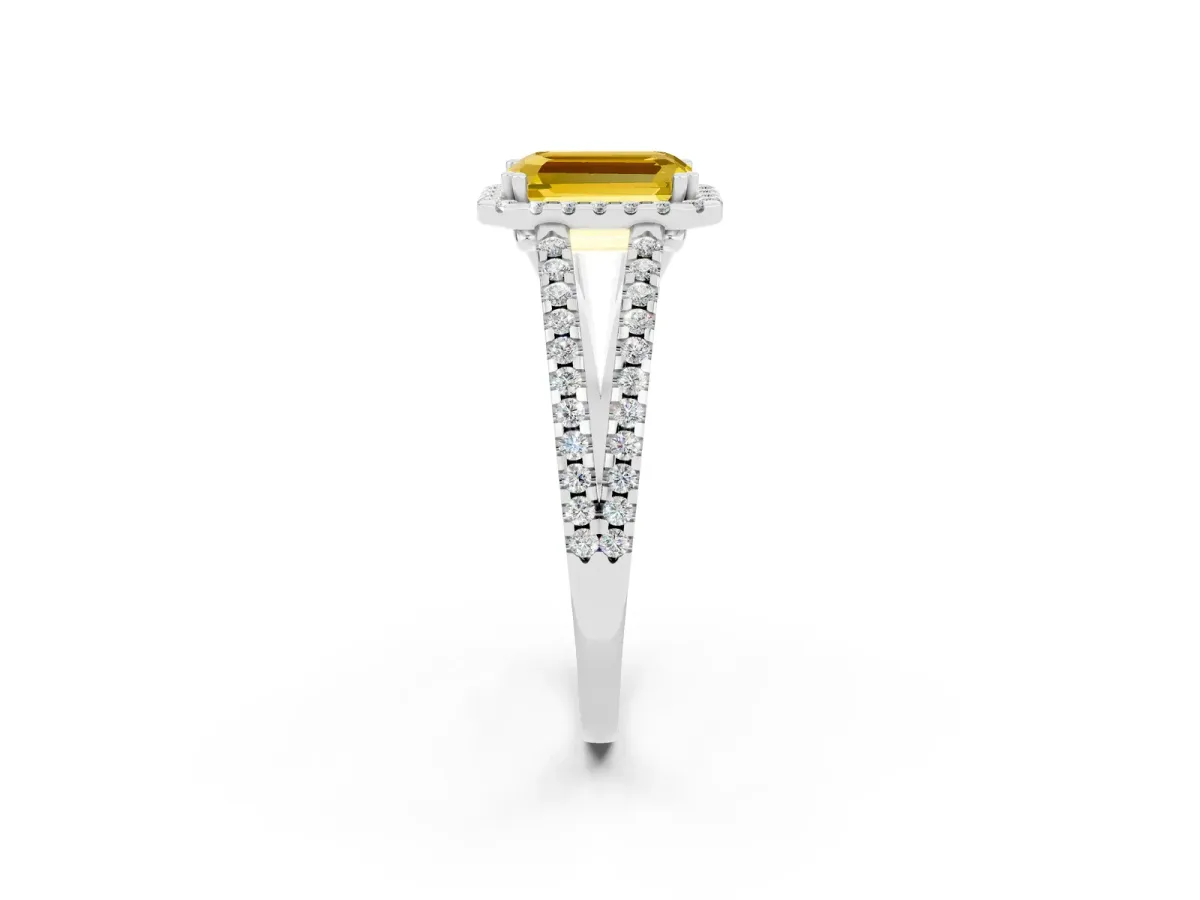Emerald Cut Yellow Sapphire Halo Split Shank Engagement Ring Platinum