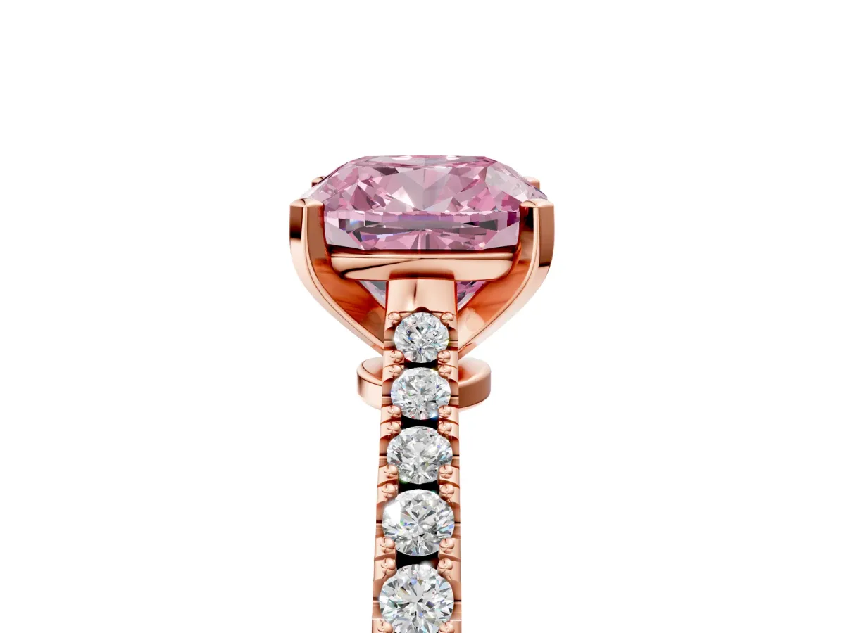 Fancy Pink Cushion Cut Cut Solitaire Diamond Engagement Ring with Pave Band and Four-Prong Setting Rose gold