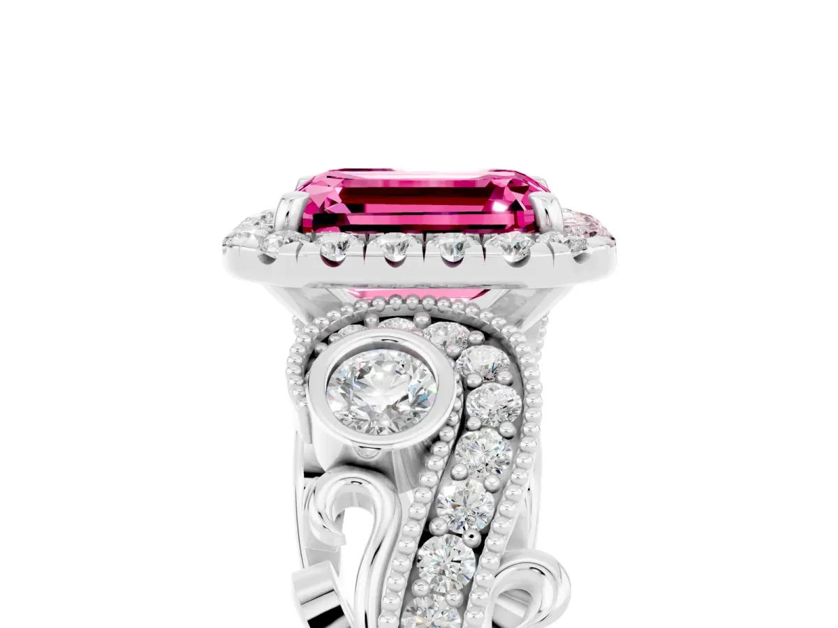Emerald Cut Pink Sapphire Halo Ring with Milgrain Pavé Band and Four-Prong Setting White gold