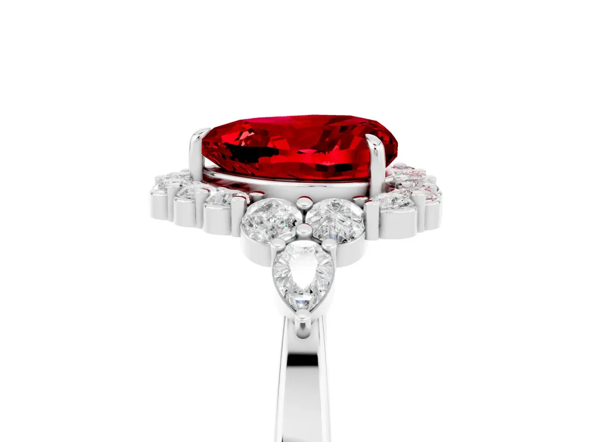 Heart Cut Ruby Halo Ring with Pear Side Stones and Prong Setting Silver