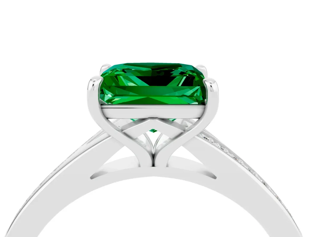 Princess Cut Emerald Solitaire Ring with Pavé Band and Prong Setting Silver