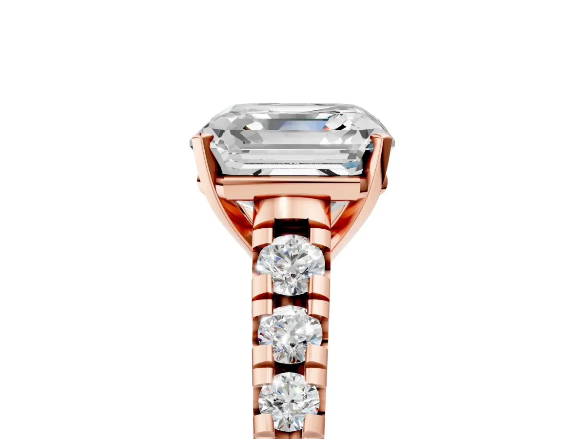 Asscher Cut Diamond Cathedral Solitaire Ring with Round Moissanite Pavé Band Rose gold