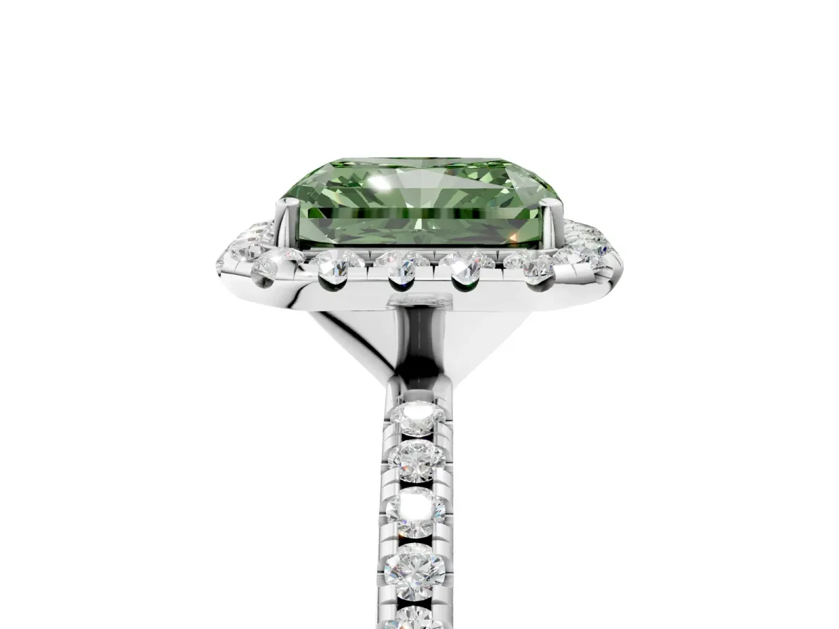 Fancy Green Radiant Cut Diamond Halo Engagement Ring with Round Pavé Band and Prong Setting Platinum