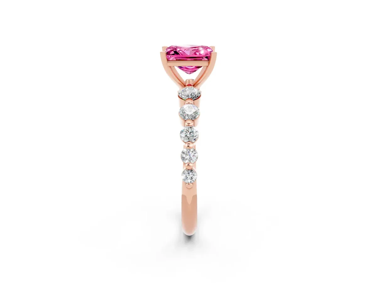 Princess Cut Solitaire Pink Sapphire Ring with Pave Band and Four-Prong Setting Rose gold