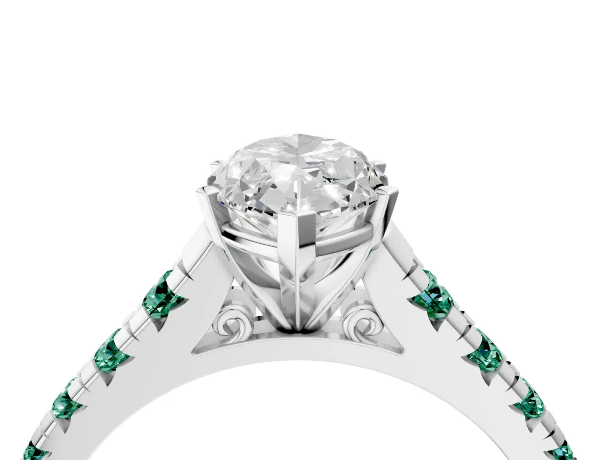 Marquise Cut Diamond Cathedral Solitaire Ring with Round Green Sapphire Pavé Band White gold