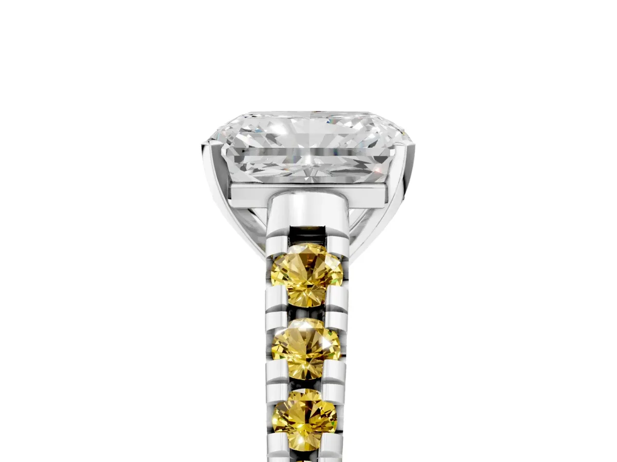 Radiant Cut Diamond Cathedral Solitaire Ring with Round Yellow Sapphire Pavé Band White gold