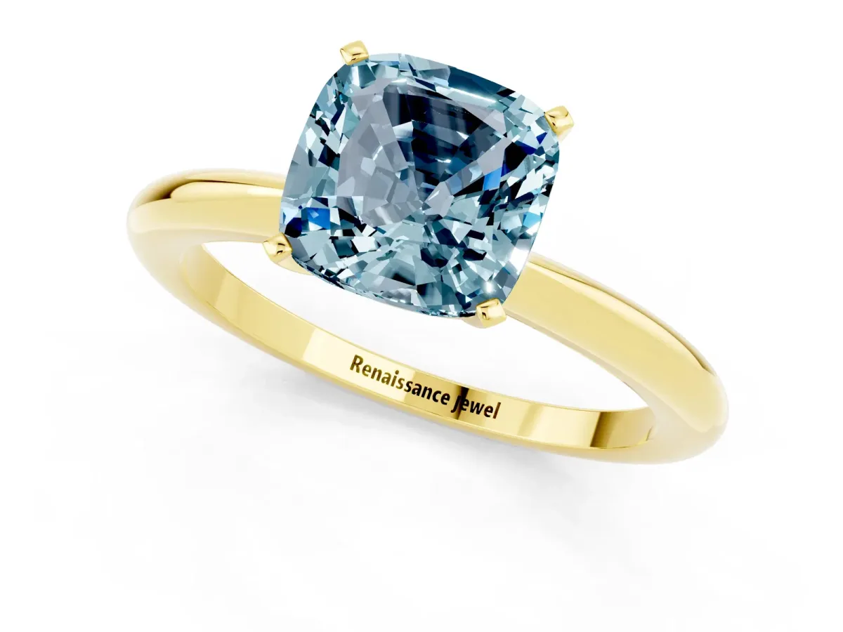 Cushion Cut Aquamarine Solitaire Ring with Six-Prong Setting and Classic Band Yellow gold