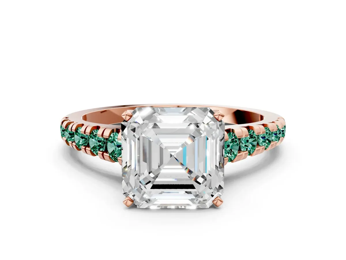 Asscher Cut Diamond Cathedral Solitaire Ring with Round Green Sapphire Pavé Band Rose gold