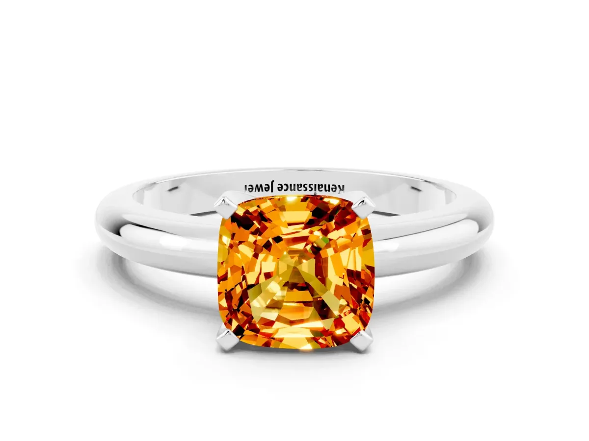 Cushion Cut Citrine Solitaire Engagement Ring with Round Band and Four-Prong Setting White gold